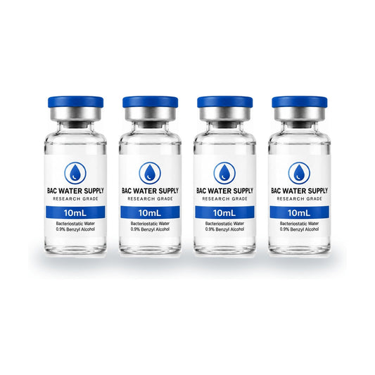 Four sealed 10 mL bacteriostatic water vials with 0.9% benzyl alcohol – BAC Water Supply