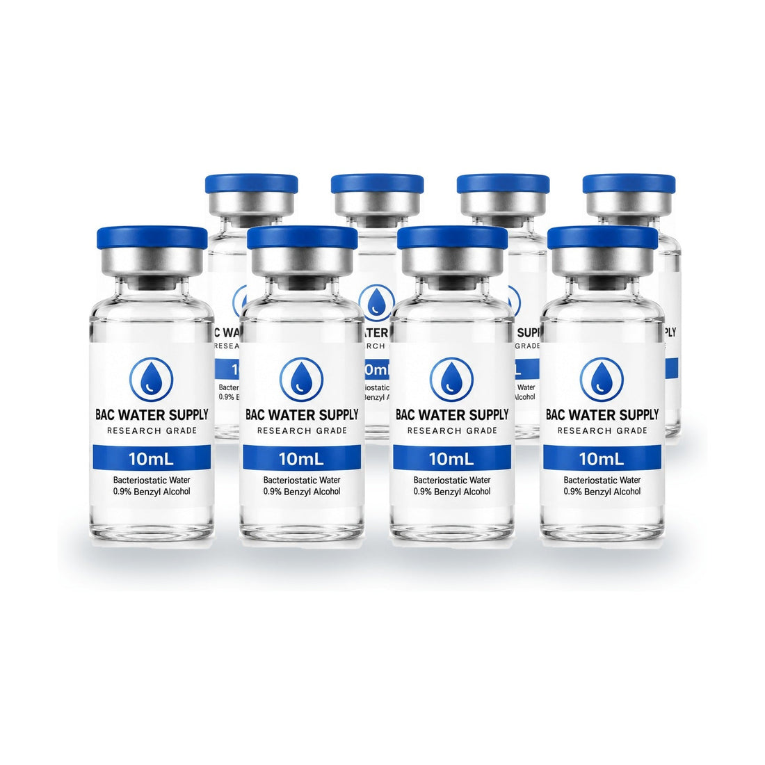 Eight sealed 10 mL bacteriostatic water vials with flip-off caps – BAC Water Supply